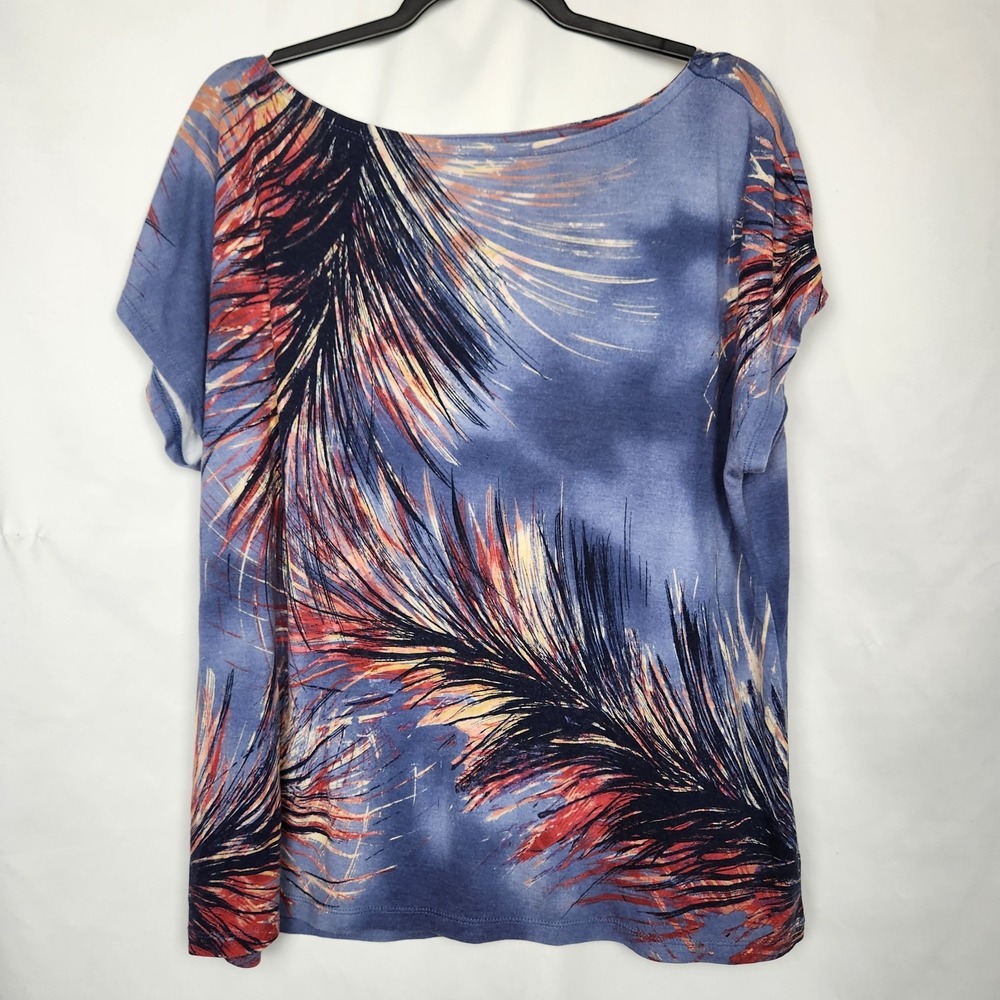 Liz Claiborne Womens Plus Size 1X Short Sleeve Top Feather‎ MultiColor Casual